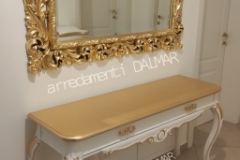 Consolle stile Barocco laccata bianco piano tutto foglia oro con specchiera traforata foglia oro